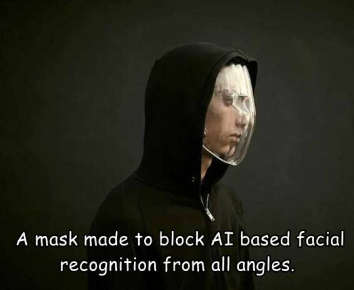 photo caption - A mask made to block Ai based facial recognition from all angles.