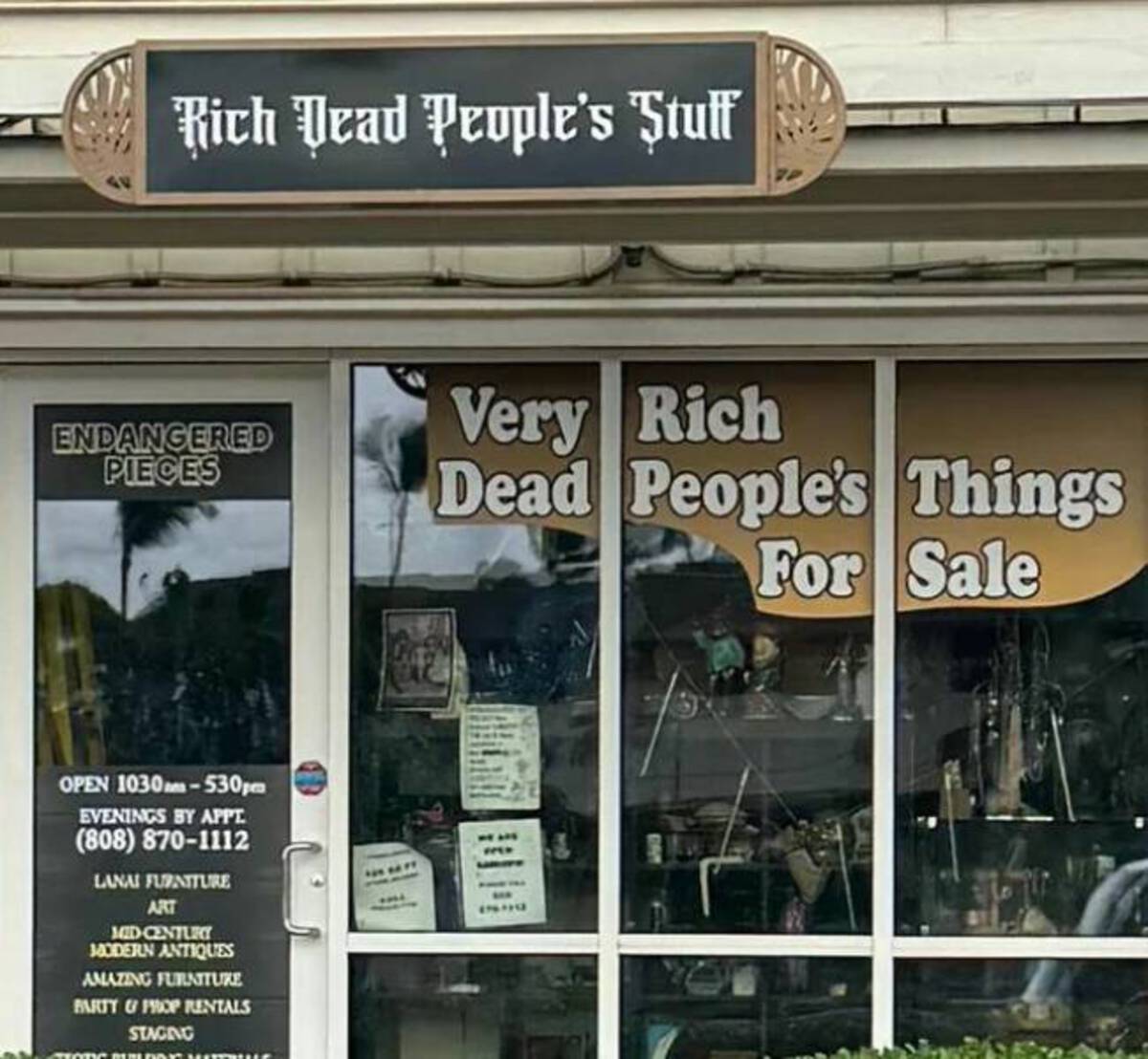 rich - Rich Dead People's Stuff Endangered Pieces Open 1030530pm Evenings By Appe 808 8701112 Lanai Furniture Art MidCentury Modern Antiques Amazing Furniture Party & Prop Rentals Staging Very Rich Dead People's Things For Sale 229