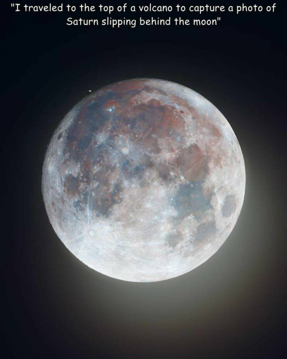 "I traveled to the top of a volcano to capture a photo of Saturn slipping behind the moon"