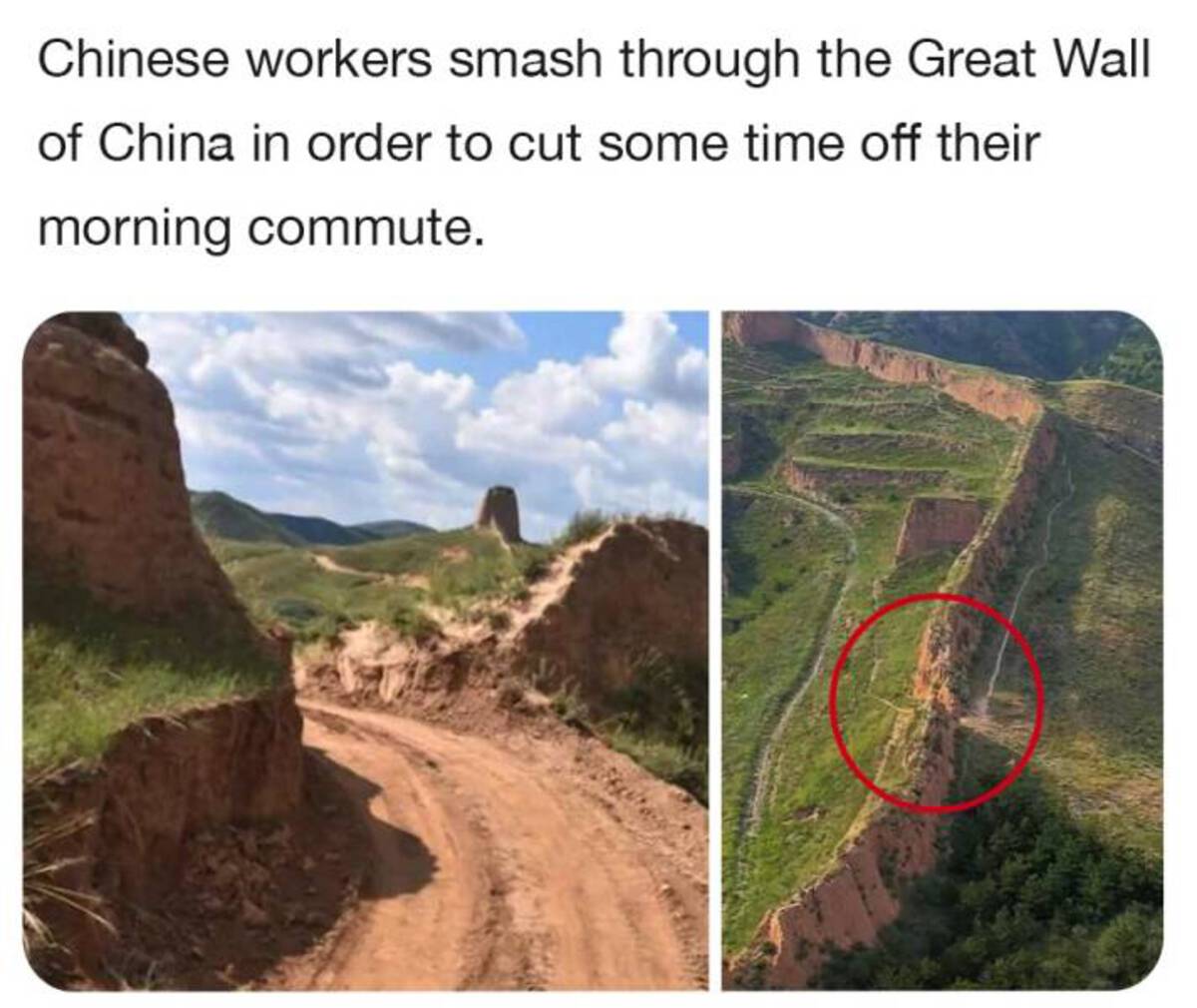 great wall of china damaged by excavator - Chinese workers smash through the Great Wall of China in order to cut some time off their morning commute.