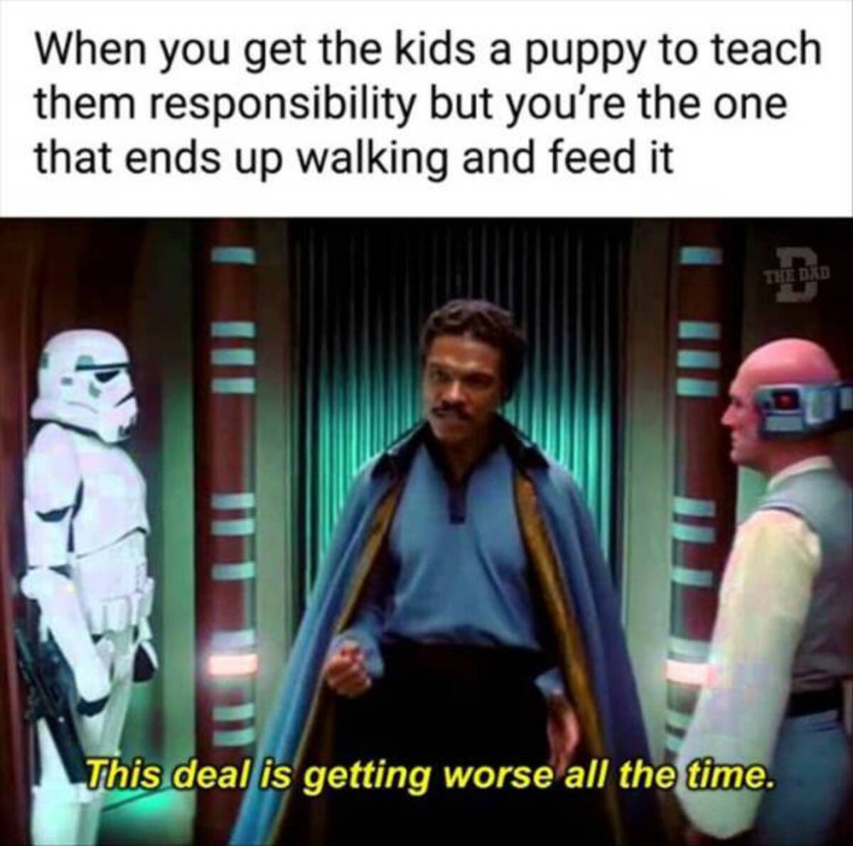 deal is getting worse all the time - When you get the kids a puppy to teach them responsibility but you're the one that ends up walking and feed it This deal is getting worse all the time. The Dad