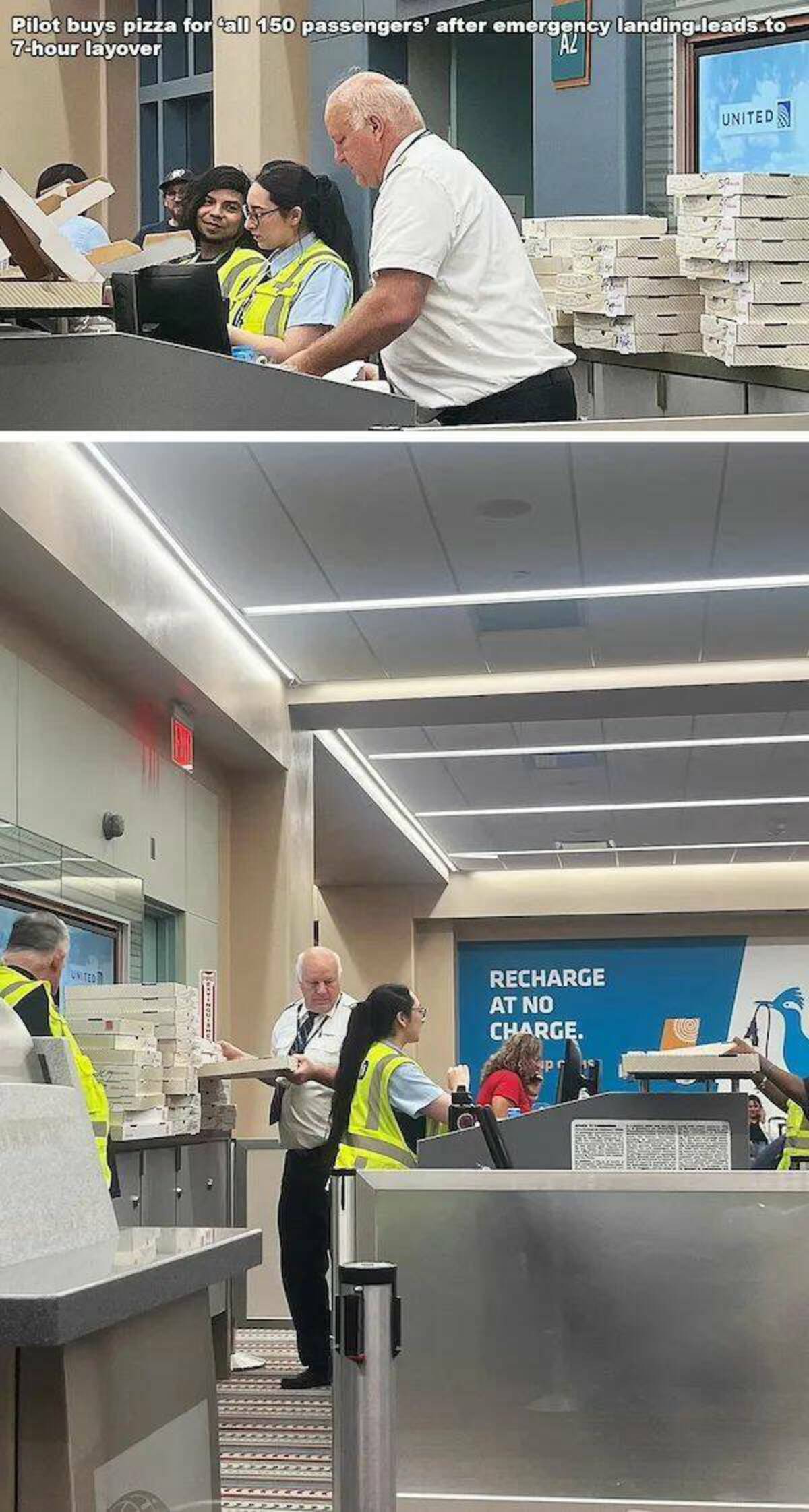 airport terminal - Pilot buys pizza for all 150 passengers' after emergency landing leads to 7hour layover Az United Recharge At No Charge. pr United