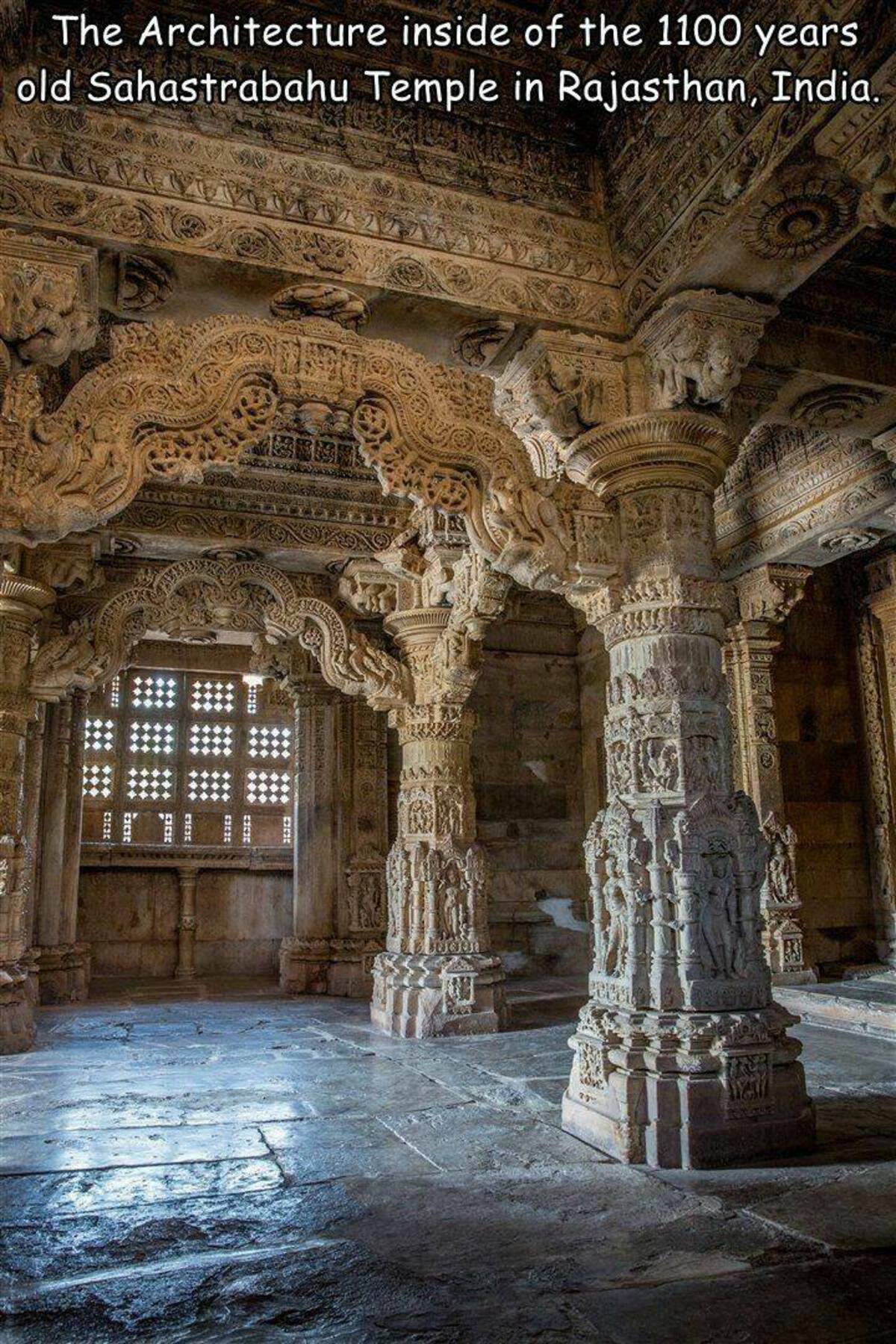 Sas Bahu Temple - The Architecture inside of the 1100 years old Sahastrabahu Temple in Rajasthan, India.