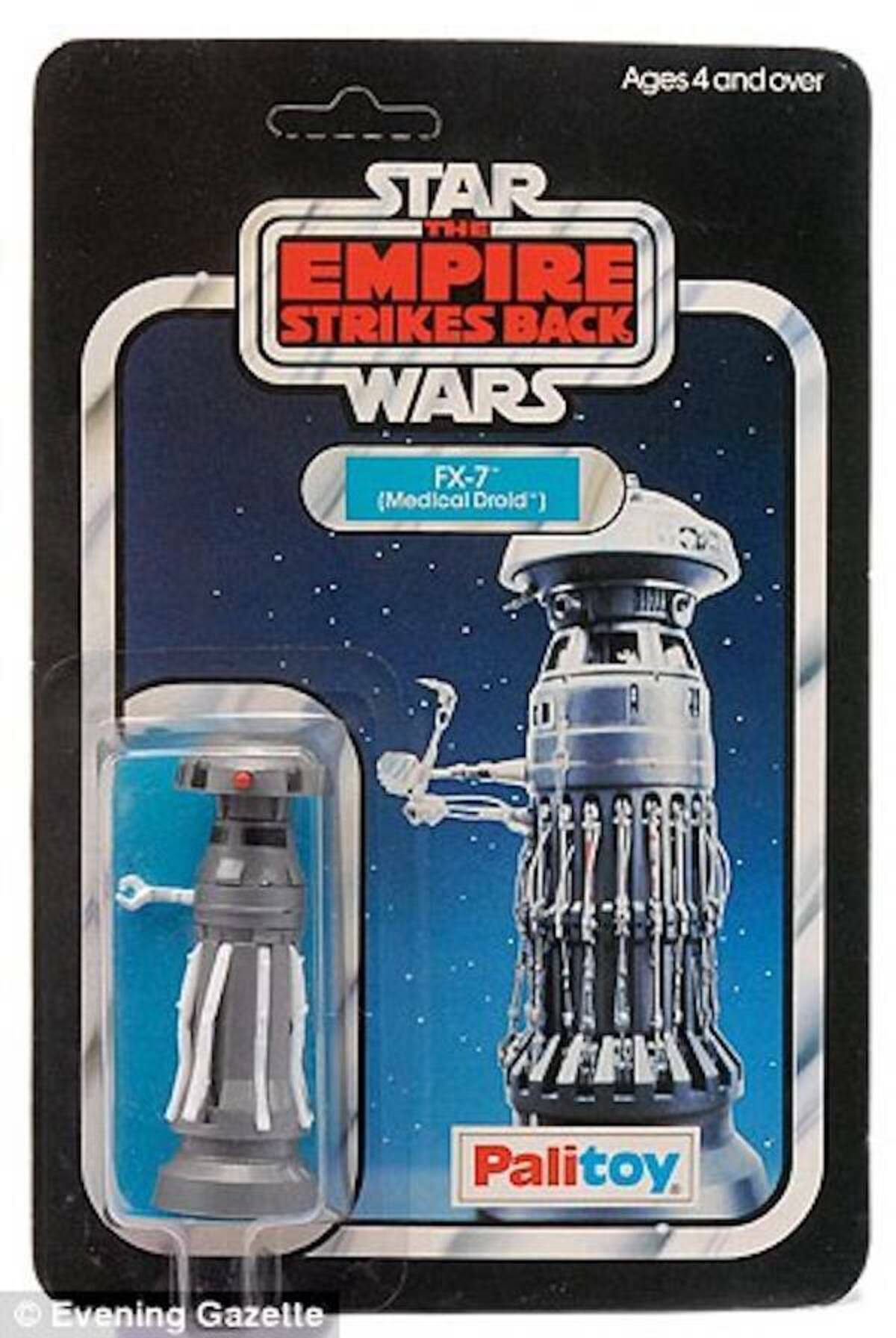 FX-7 Medical Droid (1980)

 

FX-7 appeared in The Empire Strikes Back for only a few seconds, but that didn’t stop a high-priced bidding war in 2014 over Palitoy’s 1980 FX-7 action figure.

The plastic toy ended up selling for around $12,000.