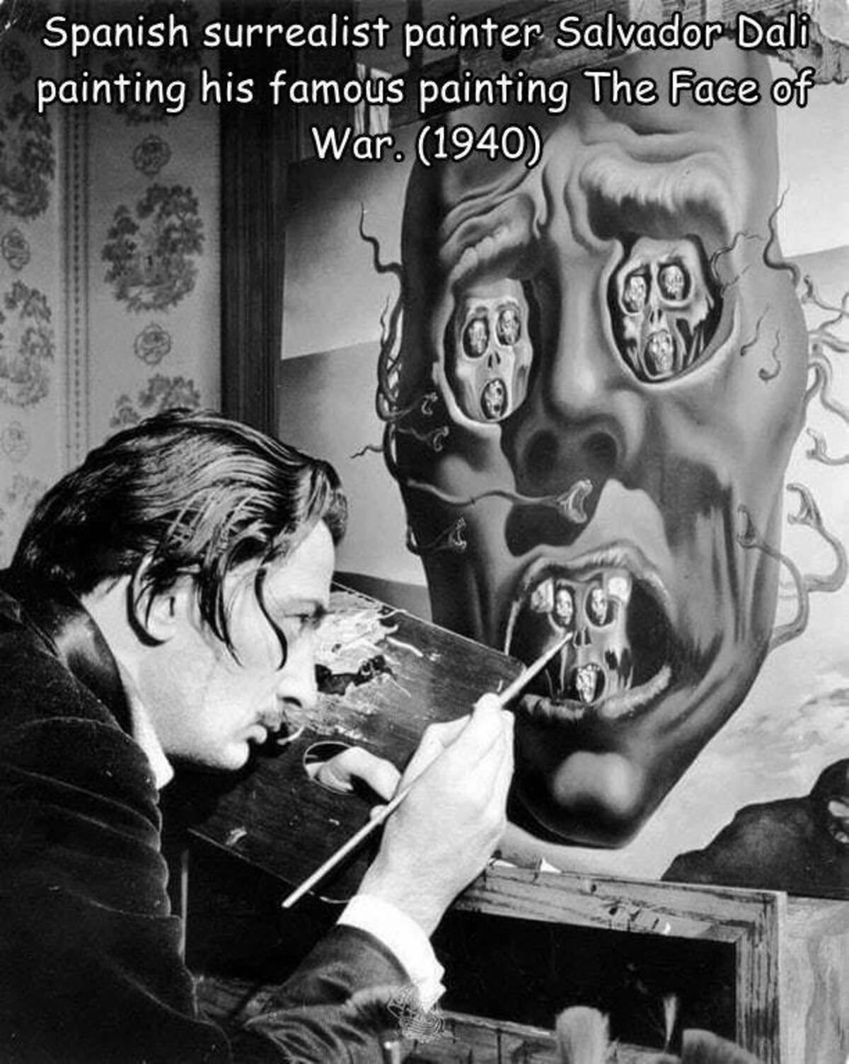 salvador dali face of war - Spanish surrealist painter Salvador Dali painting his famous painting The Face of War. 1940 08 00