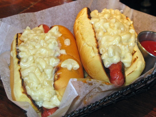Hot dog topped with an American/Parmesan mac-n-cheese