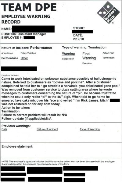 dominos pizza - Team Dpe Employee Warning Record Name Position assistant manager Employee # Store Date 21210 Nature of incident Performance Attendance Policy Violation Performance Other Type of warning Termination Warning Final Action Plan Suspension Warn