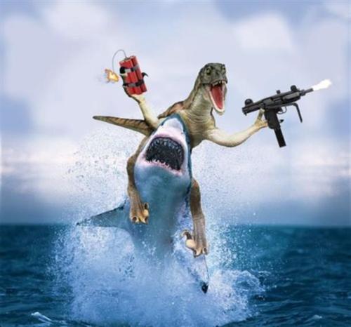 velociraptor riding a shark