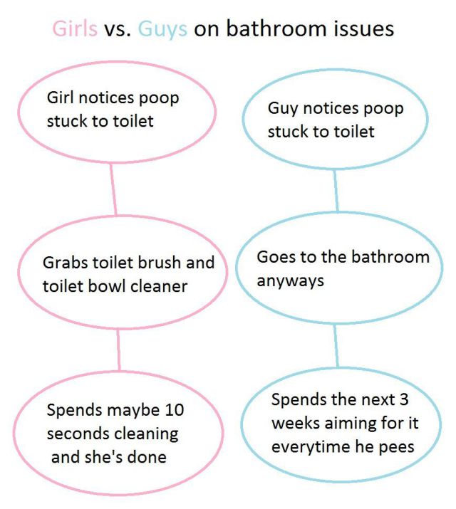 diagram - Girls vs. Guys on bathroom issues Girl notices poop stuck to toilet Guy notices poop stuck to toilet Grabs toilet brush and toilet bowl cleaner Goes to the bathroom anyways Spends maybe 10 seconds cleaning and she's done Spends the next 3 weeks 