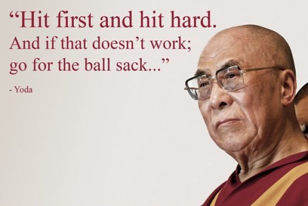 senior citizen - Hit first and hit hard. And if that doesn't work; go for the ball sack... Yoda