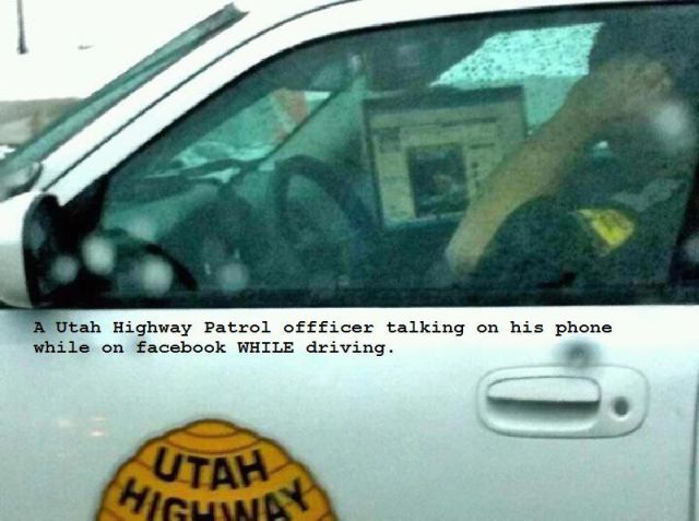 vehicle door - A Utah Highway Patrol offficer talking on his phone while on facebook While driving. Utah Higuwa