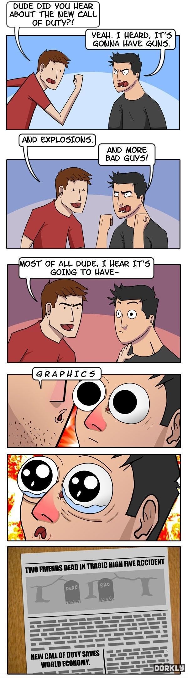 call of duty fan comics - Dude Did You Hear About The New Call Of Duty?! Yeah. I Heard, It'S Gonna Have Guns. And Explosions. And More Bad Guys! Most Of All Dude, I Hear It'S Going To Have Graphics Two Friends Dead In Tragic High Five Accident Dude Bro M 
