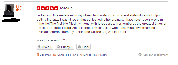 angle - Odoo 1312013 I rolled into this restaurant in my wheelchair, order up a pizza and slide into a stall. Upon getting the pizza I wasn't too enthused, looked rather ordinary. I have never been wrong in mine life! The first bite filled my mouth with j
