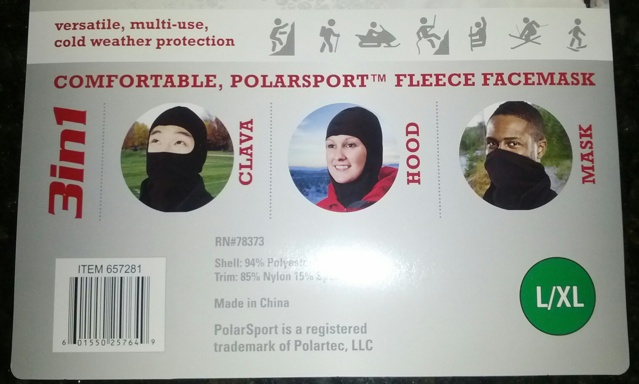 label - versatile, multiuse, cold weather protection cold weather protection Comfortable, Polarsporttm Fleece Facemask Clava Hood Mask Item 657281 Rn Shell 94% Poly Trime 85% Nylon 15 Made in China Polar Sport is a registered trademark of Polartec, Llc LX