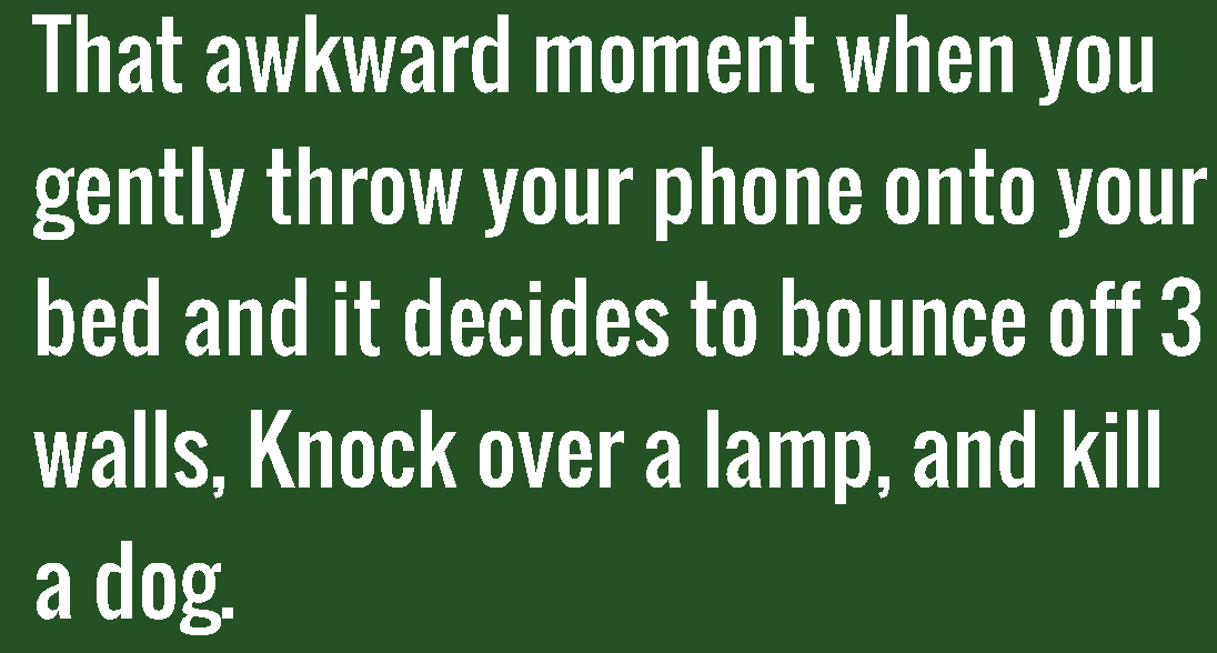 grass - That awkward moment when you gently throw your phone onto your bed and it decides to bounce off 3 walls, Knock over a lamp, and kill a dog.