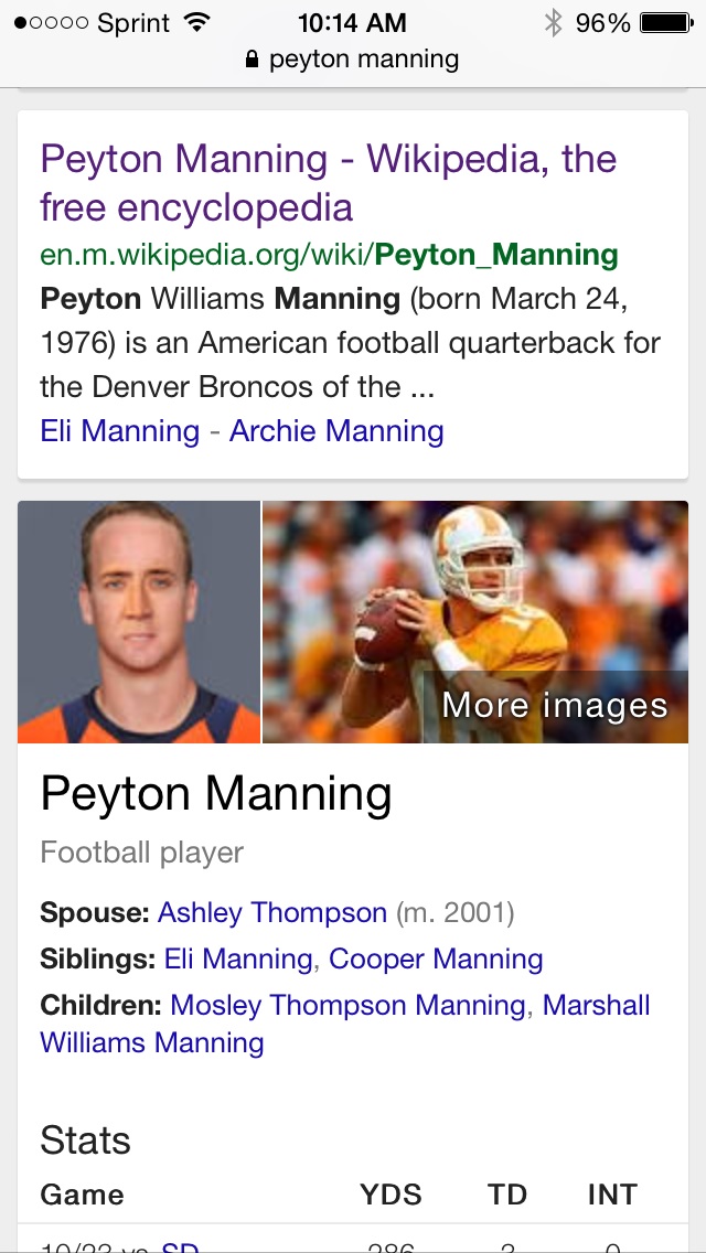web page - 50000 Sprint 96% peyton manning Peyton Manning Wikipedia, the free encyclopedia en.m.wikipedia.orgwikiPeyton Manning Peyton Williams Manning born is an American football quarterback for the Denver Broncos of the ... Eli Manning Archie Manning M