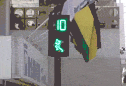 gif of a walking gumby stop light for pedestrians