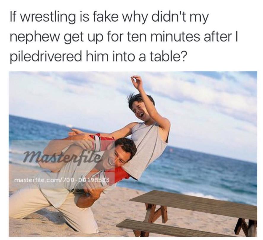 father and son wrestling - If wrestling is fake why didn't my nephew get up for ten minutes after | piledrivered him into a table? Masterfile masterfile.com70000198583
