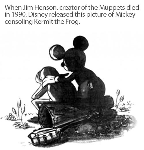 mickey consoling kermit - When Jim Henson, creator of the Muppets died in 1990, Disney released this picture of Mickey consoling Kermit the Frog.