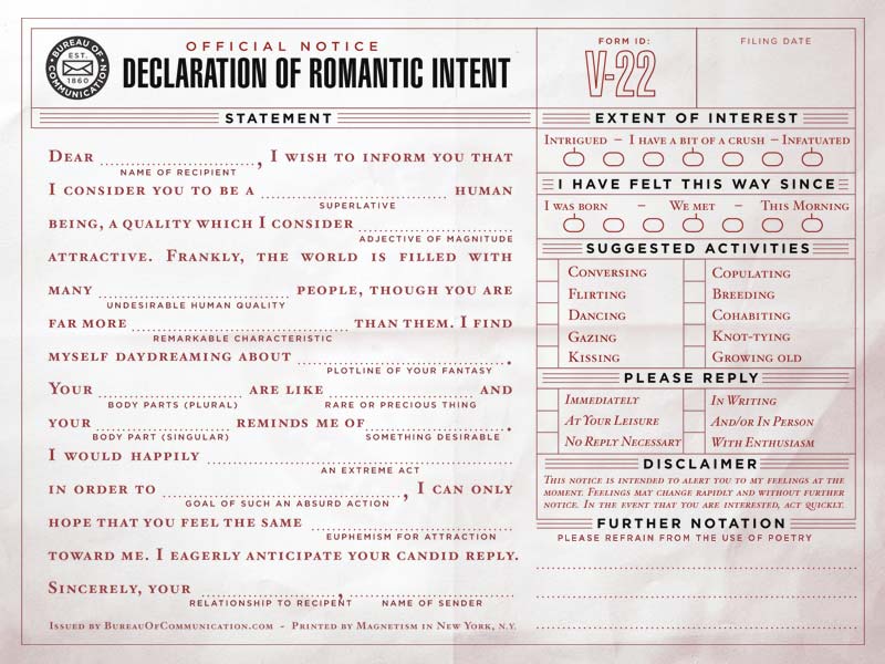 declaration of romantic intent - Formid Official Notice Filing Date Declaration Of Romantic Intent V22 E Statement Dear ...., I Wish To Inform You That Name Of Recipient I Consider You To Be A Human Superlative Being, A Quality Which I Consider Adjective 