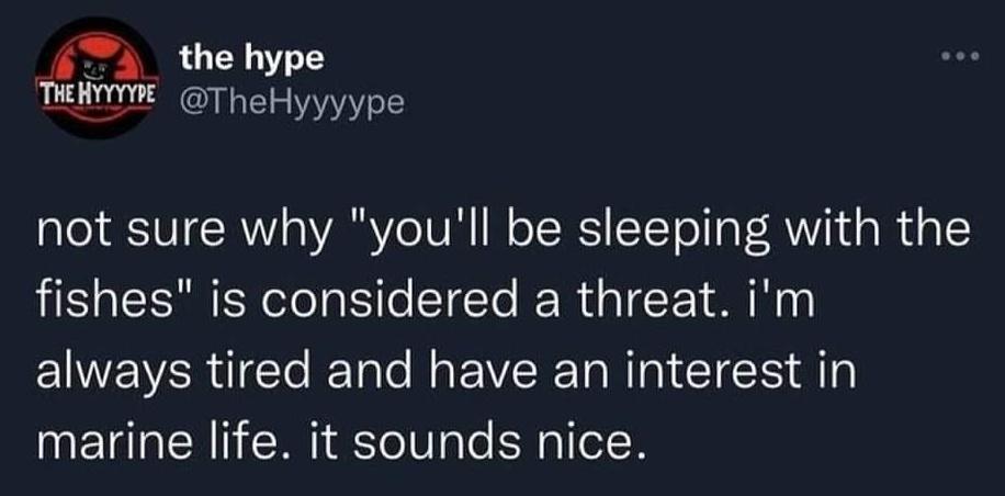 Monday Morning Randomness - boy gave a girl 13 - the hype The Hyyyype not sure why "you'll be sleeping with the fishes" is considered a threat. i'm always tired and have an interest in marine life. it sounds nice.
