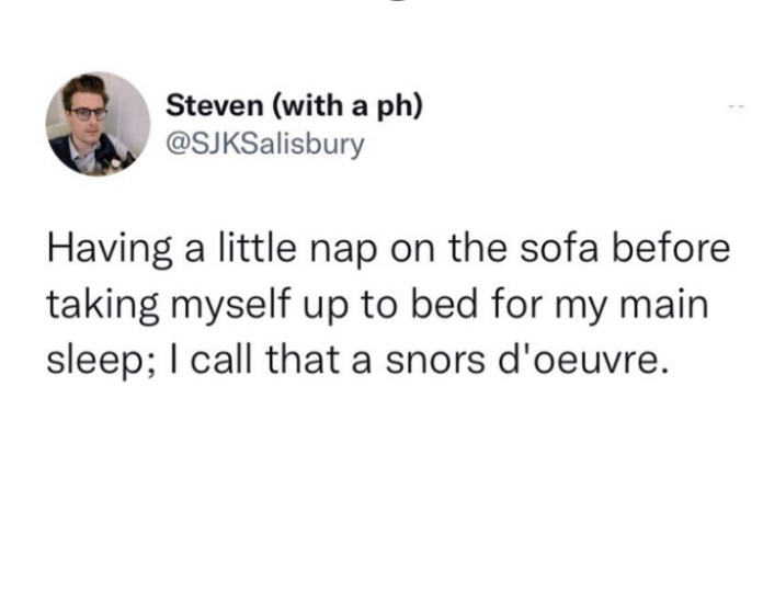 monday morning randomness -  Funny meme - Steven with a ph Having a little nap on the sofa before taking myself up to bed for my main sleep; I call that a snors d'oeuvre.