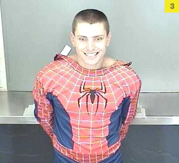 Daniel James Bradley  trying to steal a womans purse in Spiderman costume