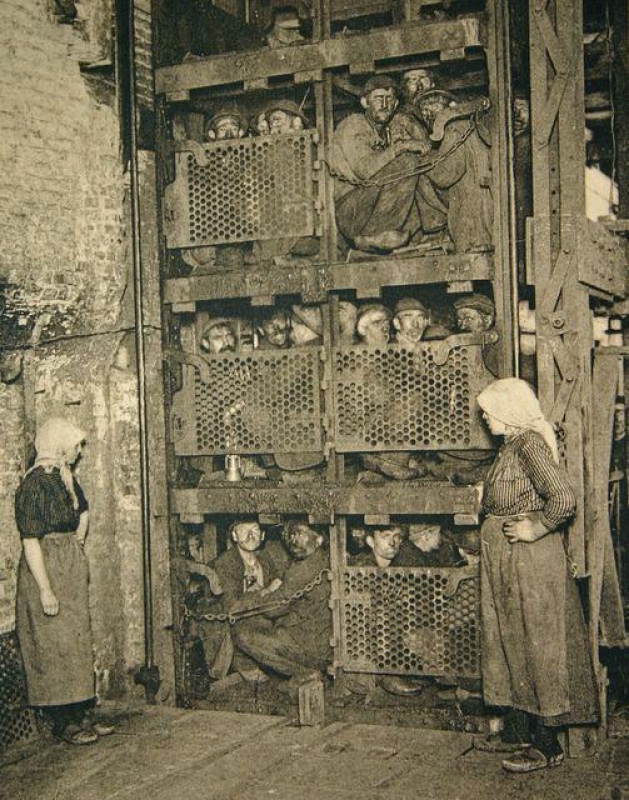 Belgian coalminers in a lift