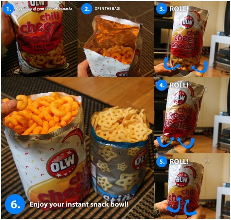 you open a bag of chips - 1. Get a bag of your favourite snacks 2. Open The Bag! 3. Roll! child chce Olw chile chee Heezer Coge Chelsen 4. Roll! 227 Coles Cales 0 5. Roll! ! Olw 95D Blw Enjoy your instant snack bowl!