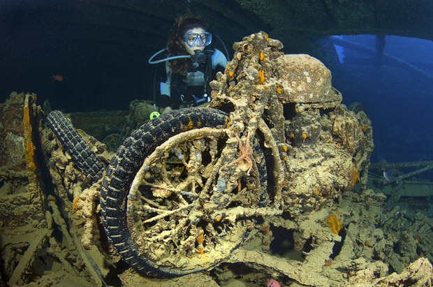 World War 2 motorbike inside a ship wreck