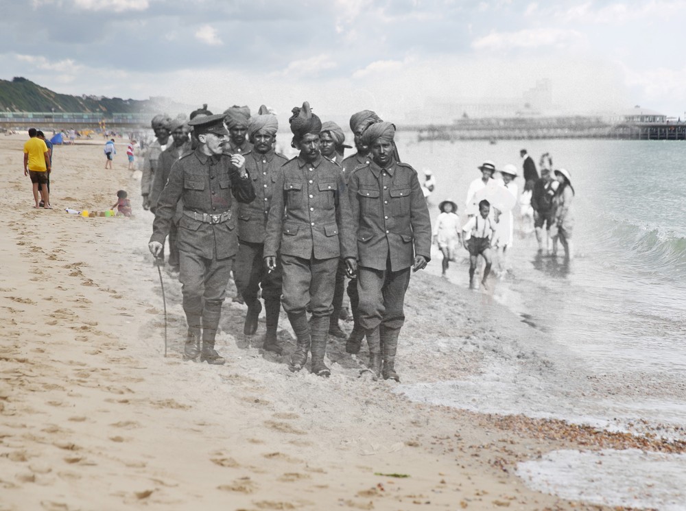 Wounded Indian soldiers are seen recuperating on the beach in Bournemouth in 1917