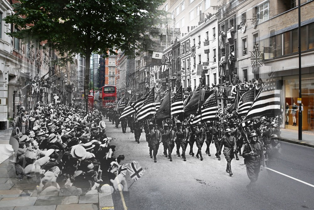 American troops marching down Sloane Street, west London