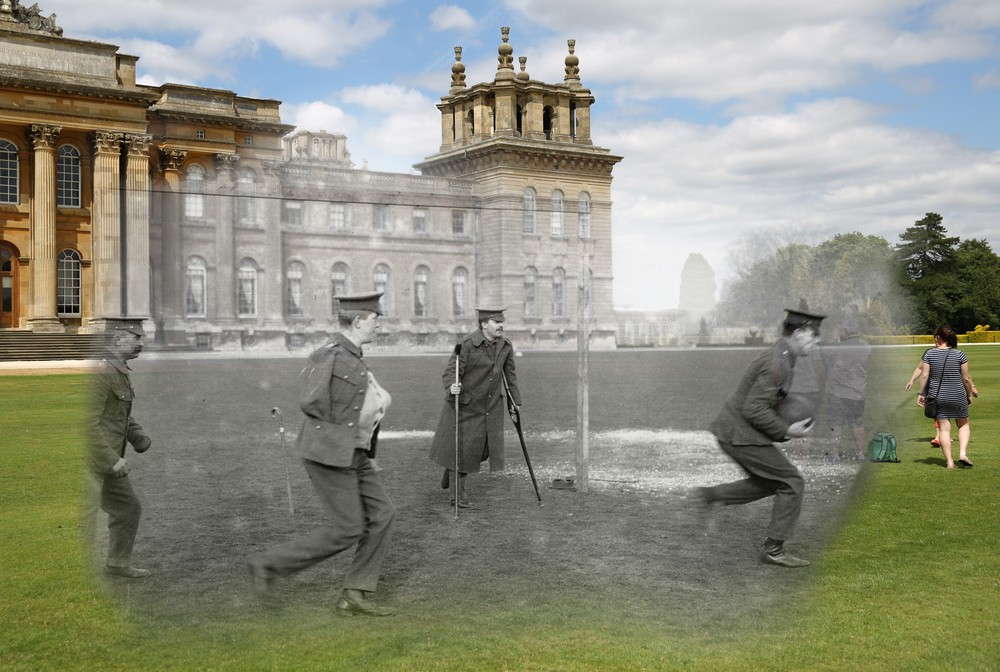 Soldiers playing football outside Blenheim Palace
