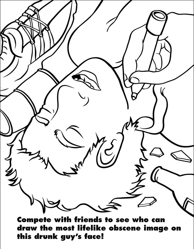 drunk coloring book - Compete with friends to see who can draw the most life obscene image on this drunk guy's face!