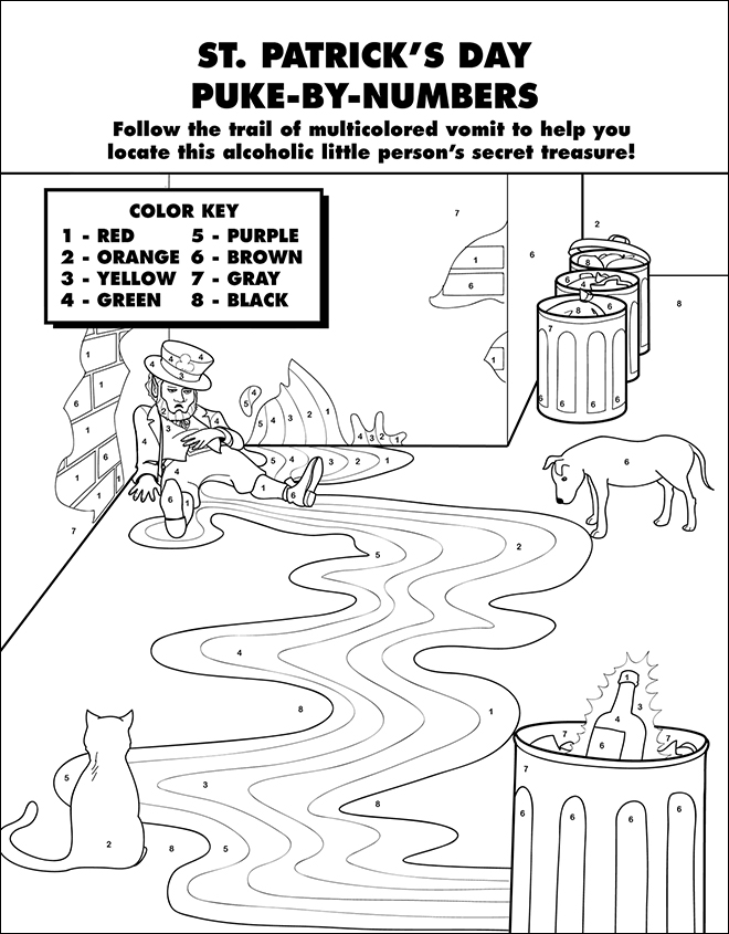 st patricks day puke coloring pages - St. Patrick'S Day PukeByNumbers the trail of multicolored vomit to help you locate this alcoholic little person's secret treasure! Color Key 1 Red 5 Purple 2 Orange 6 Brown 3 Yellow 7 Gray 4 Green 8 Black