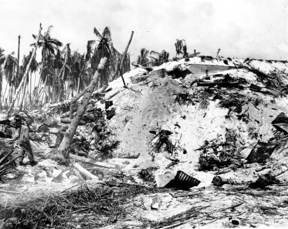 Dead Japanese soldiers lay scattered around a blasted Japanese pillbox at Tarawa Island in the South Pacific on November 11,1943 during World War II