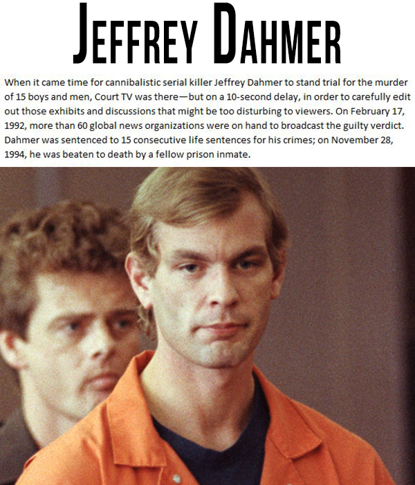 homosexual serial killer - Jeffrey Dahmer When it came time for cannibalistic serial killer Jeffrey Dahmer to stand trial for the murder of 15 boys and men, Court Tv was therebut on a 10second delay, in order to carefully edit out those exhibits and discu