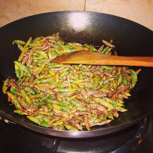 Nsenene, Served in Uganda, this long-horned grasshopper is a delicacy fried, sun-dried, or boiled. Goes great with onions