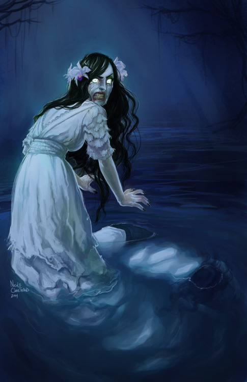 La Llorona, A widow was sad after the loss of her husband she couldn't take care of her kids. So she threw them in a sack and into the water,drowning them. After a while of being alone with her grief. She became so regretful that she went looking for them, but  couldn’t find them. So she jumped into the river and drowned. Now her soul wanders the water calling "Mis ninos" or my kids over and over