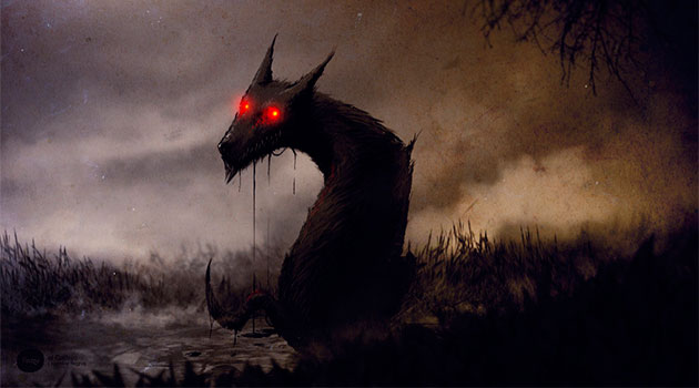 El Cadejo, is a dog of great size and penetrating gaze, Some people say that it represents an evil spirit which appears to people who wander late at night, persecutes and hypnotize its victims with its huge red eyes, similar to burning coals. According to the legend, if black cadejo hypnotize you, it can steal your soul