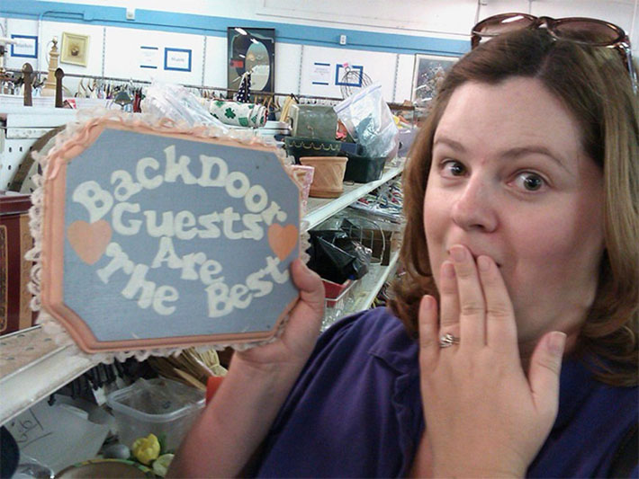 Thrift shop find of a sign that says Back Door Guests Are The Best