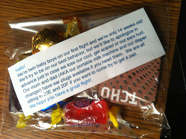 Brilliant and thoughtful parents handed these out to everyone on their flight...