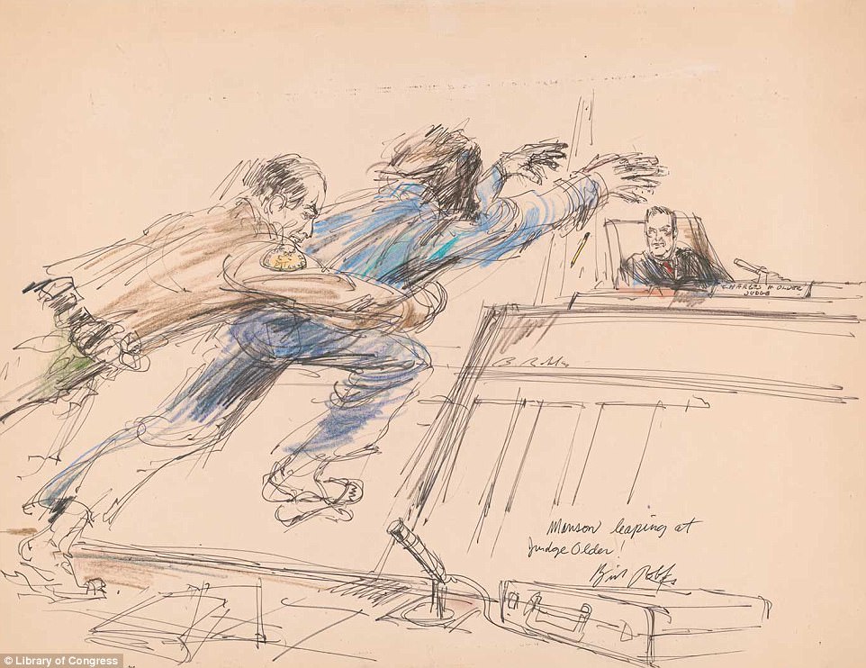 Charles Manson,  trial for the murders of Sharon Tate, leaped from the defense table, pencil in hand, preparing to stab Justice Charles H. Older