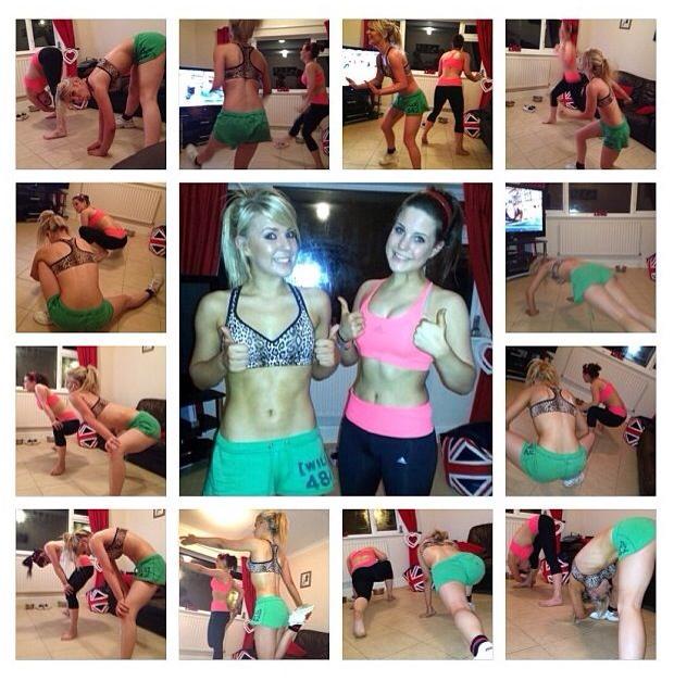 Cheerleaders working out at home
