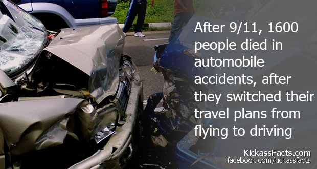 crash your car - After 911, 1600 people died in automobile accidents, after they switched their travel plans from flying to driving KickassFacts.com facebook.comkickassfacts