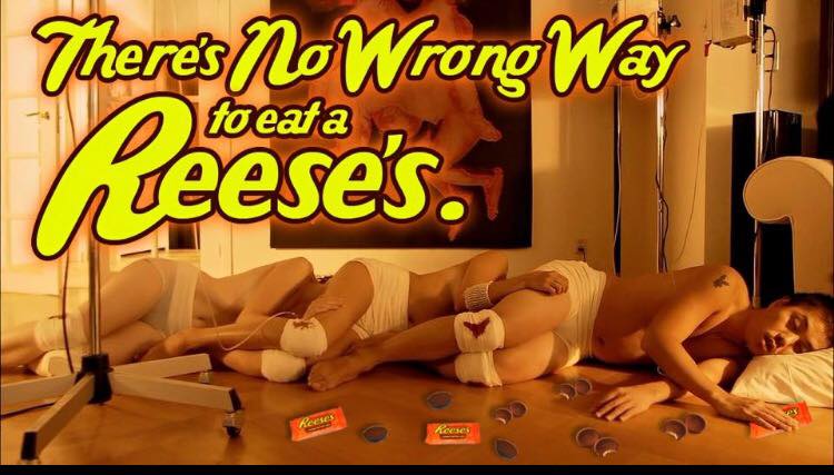 Savage AF Friday meme about eating Reese's with pic from The Human Centipede
