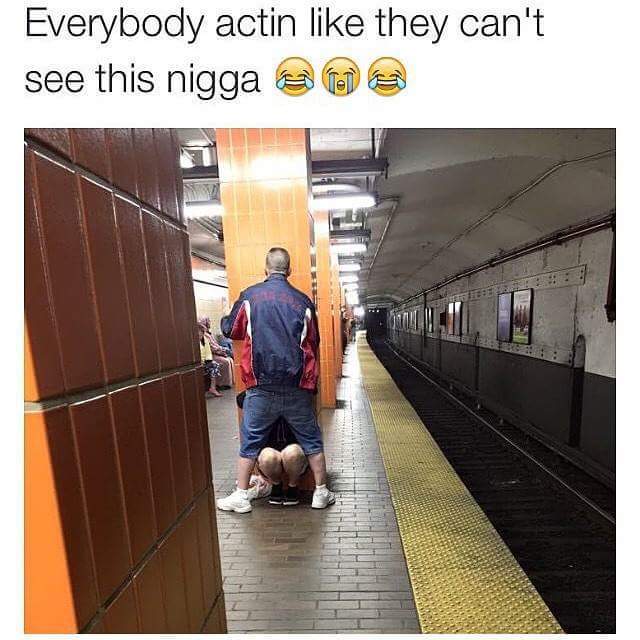 Savage AF Friday meme about a guy getting head in an underground train station