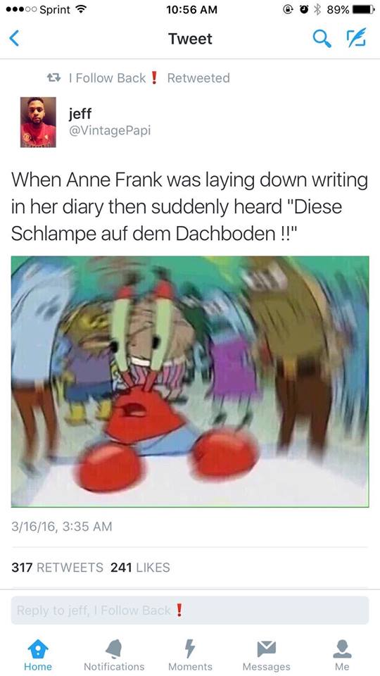 memes - anne frank that bitch in the attic - ...00 Sprint 89% Qa Tweet 23 Back! Retweeted jeff Papi When Anne Frank was laying down writing in her diary then suddenly heard "Diese Schlampe auf dem Dachboden !!" 31616, 317 241 to jeff, I Back ! Home Notifi
