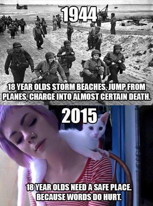 memes - millennial ww2 meme - 18 Year Olds Storm Beaches, Jump From Planes, Charge Into Almost Certain Death. 2015 18 Year Olds Need A Safe Place. Because Words Do Hurt.