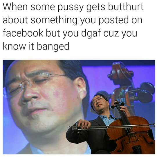 memes - yo yo ma - When some pussy gets butthurt about something you posted on facebook but you dgaf cuz you know it banged